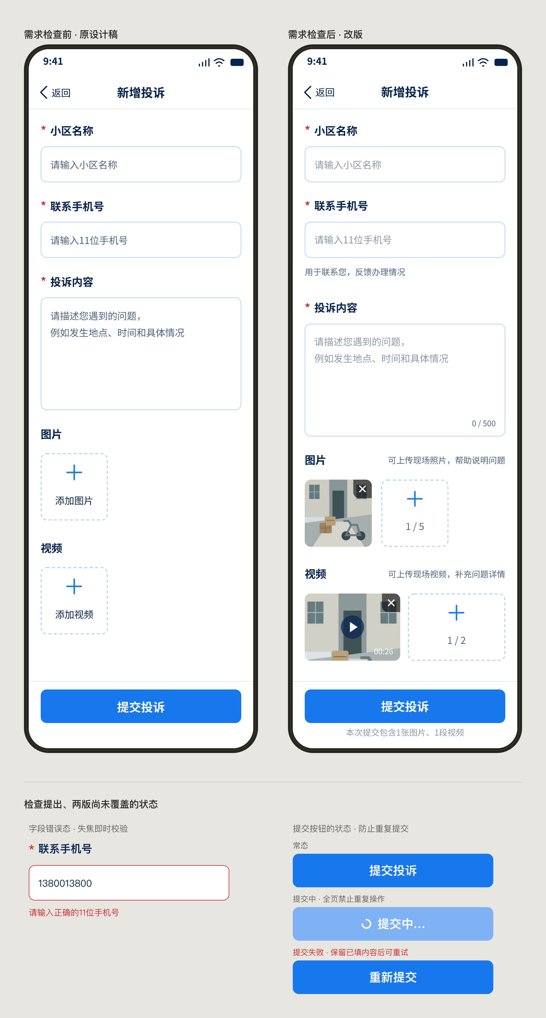 两台手机并排展示新增投诉页在需求检查前后的两版。左版的附件区是两个空白的添加入口,提交栏只有一个按钮。右版的附件区有已选缩略图、删除入口与数量计数,投诉内容框右下角有字数计数,图片与视频的标签右侧标出用途,手机号下方说明联系用途,提交按钮下方说明本次提交包含的附件。
