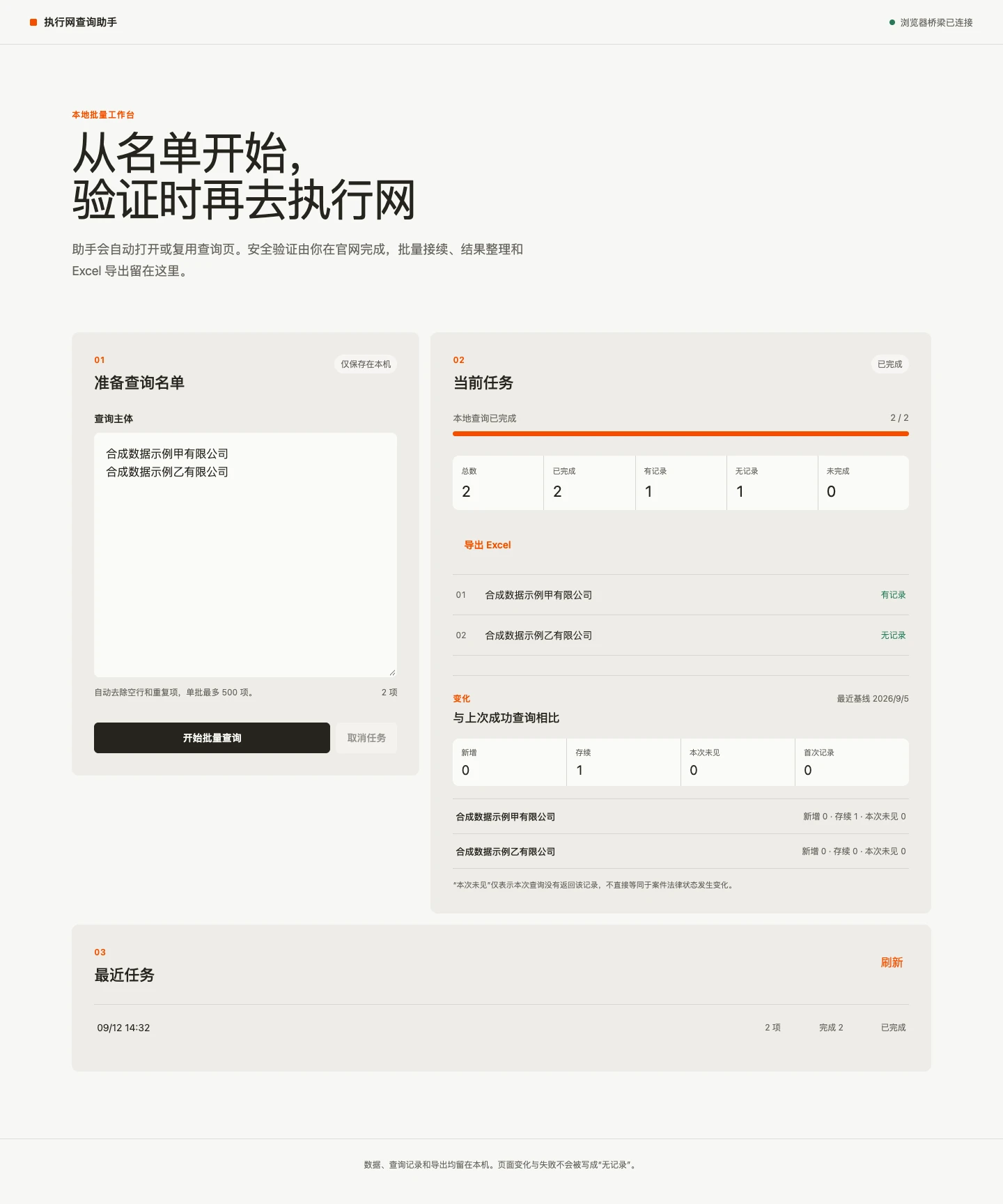 执行网查询助手控制台完成状态,显示 2/2 项完成、1 项有记录、1 项无记录,以及与上次查询的变化比较