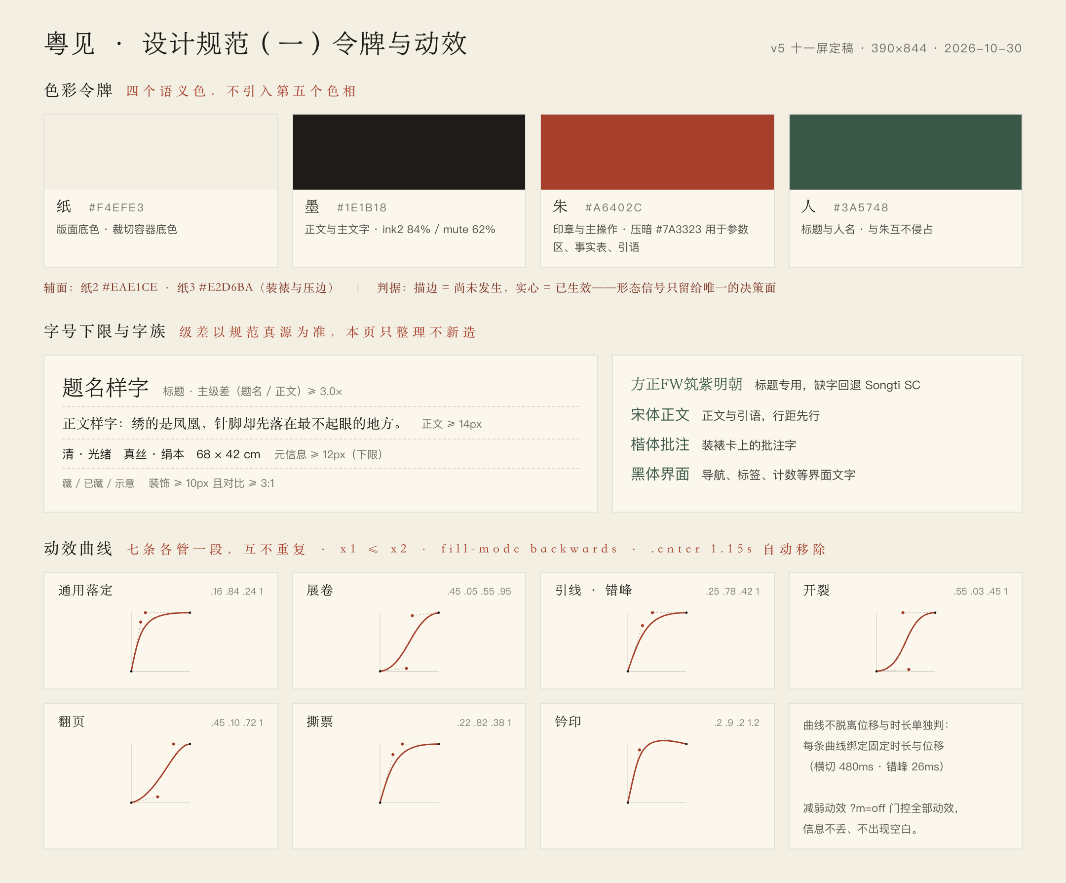 粤见设计规范第一页:纸墨朱人四色令牌、字号下限、字族与七条动效曲线